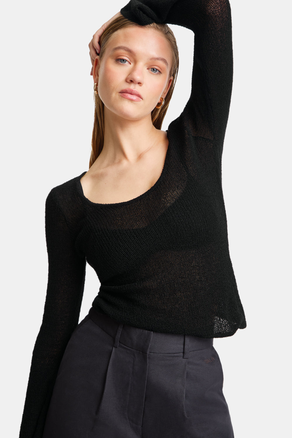 MULTIWAY LONG SLEEVE RESORT KNIT TOP - SHADOW BLACK