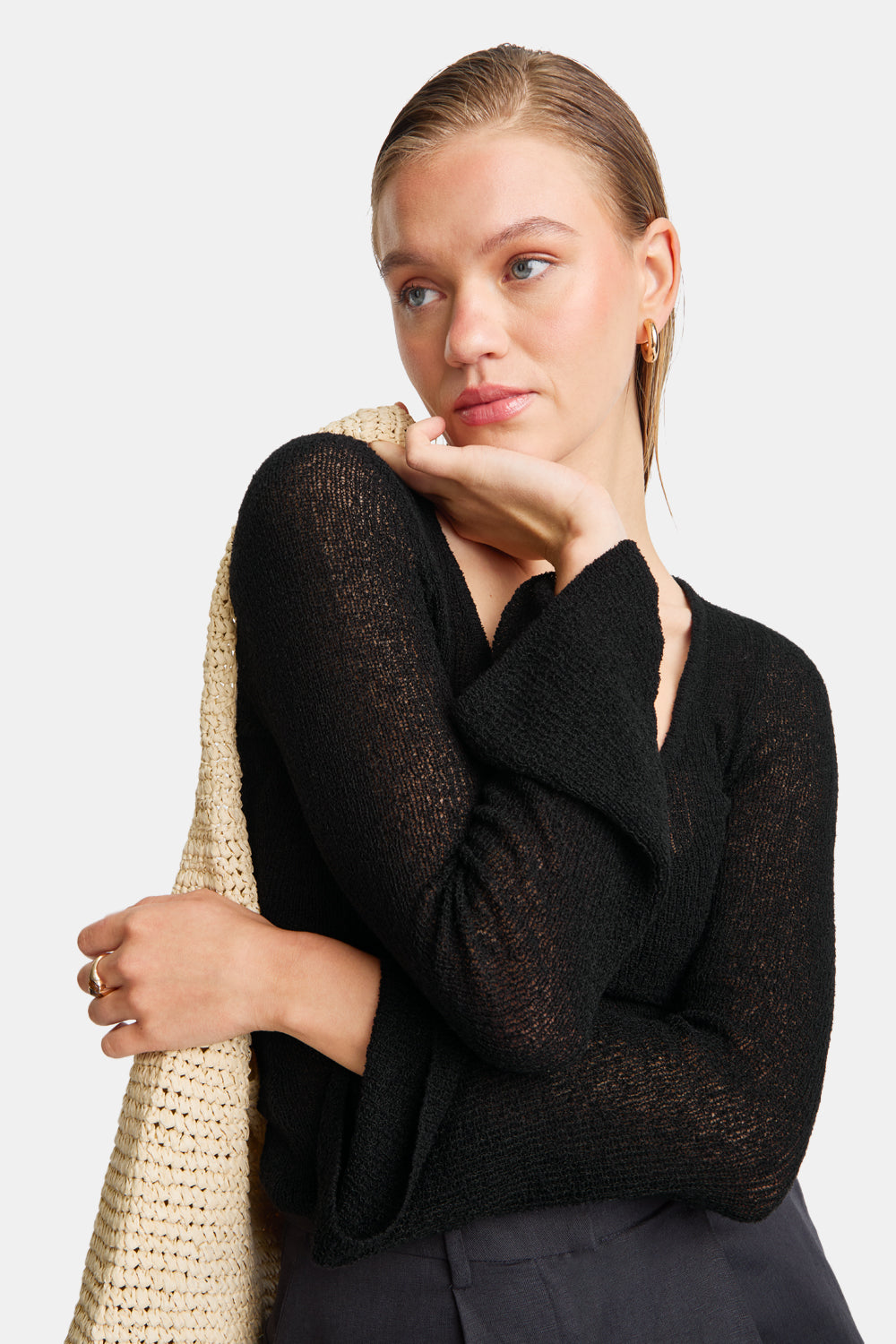 MULTIWAY LONG SLEEVE RESORT KNIT TOP - SHADOW BLACK