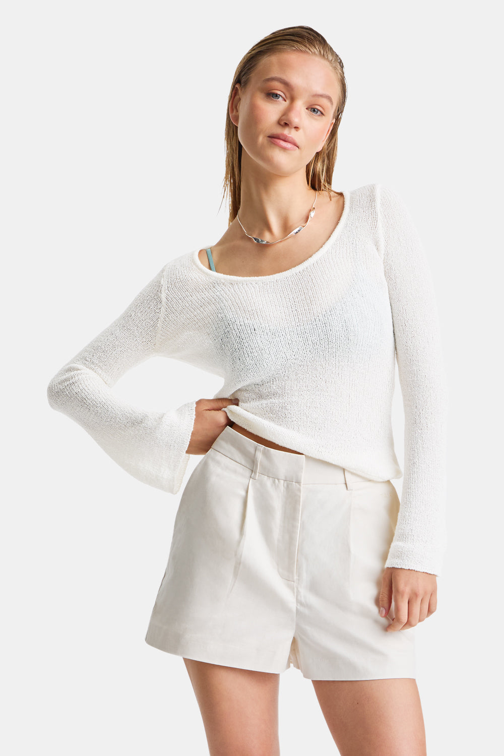 MULTIWAY LONG SLEEVE RESORT KNIT TOP - COCONUT MILK