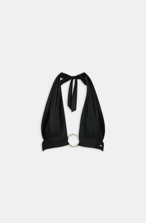 HALTER PLUNGE GOLD RING BIKINI TOP - BLACK ONYX