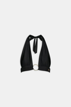 Halter Plunge Gold Ring Bikini Top - Black Onyx