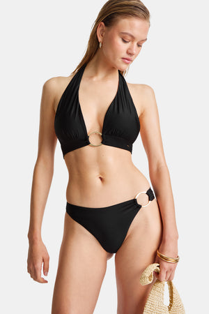 HALTER PLUNGE GOLD RING BIKINI TOP - BLACK ONYX
