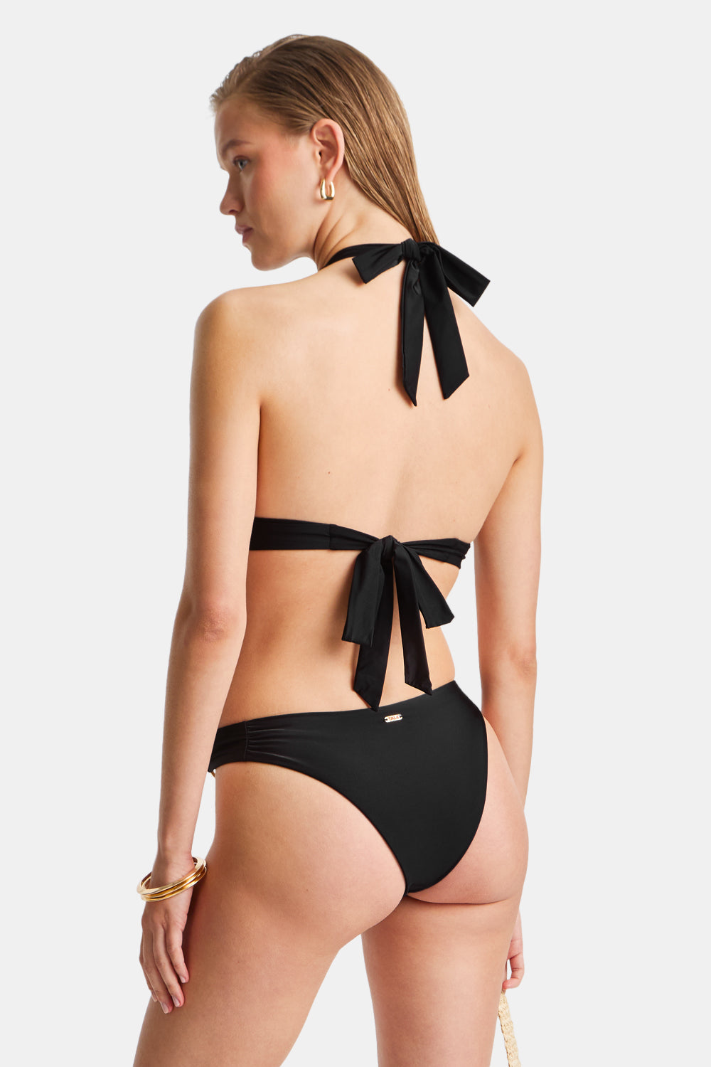HALTER PLUNGE GOLD RING BIKINI TOP - BLACK ONYX
