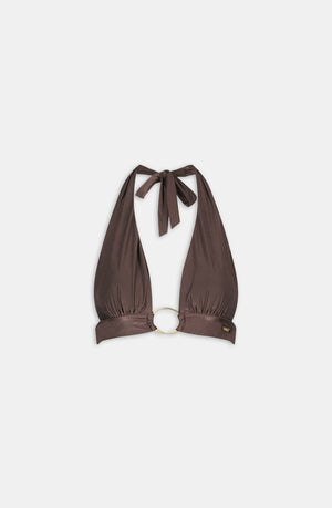 HALTER PLUNGE GOLD RING BIKINI TOP - ESPRESSO
