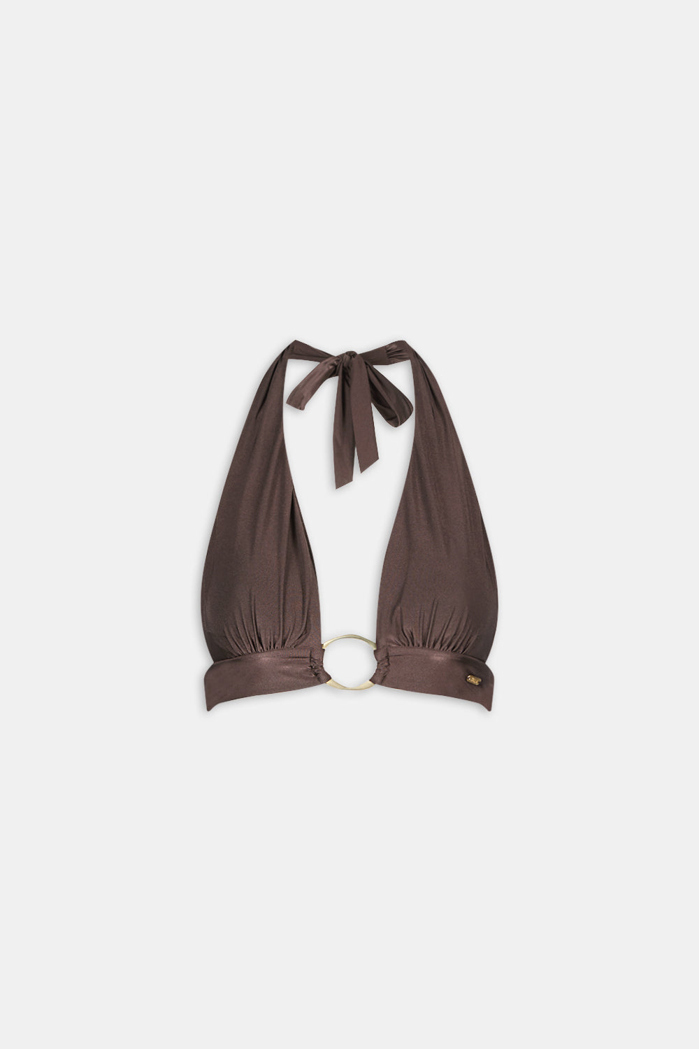 HALTER PLUNGE GOLD RING BIKINI TOP - ESPRESSO