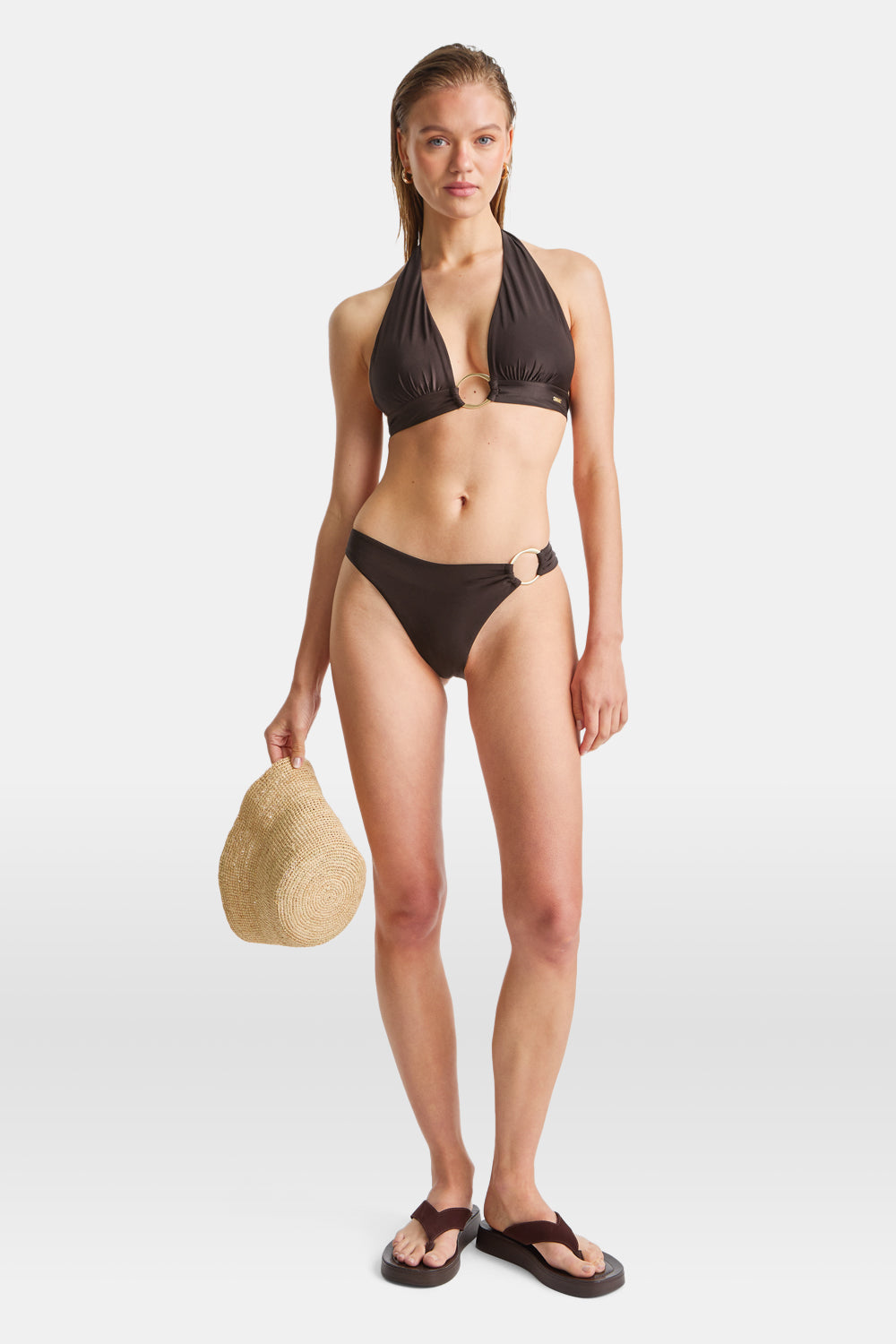 HALTER PLUNGE GOLD RING BIKINI TOP - ESPRESSO