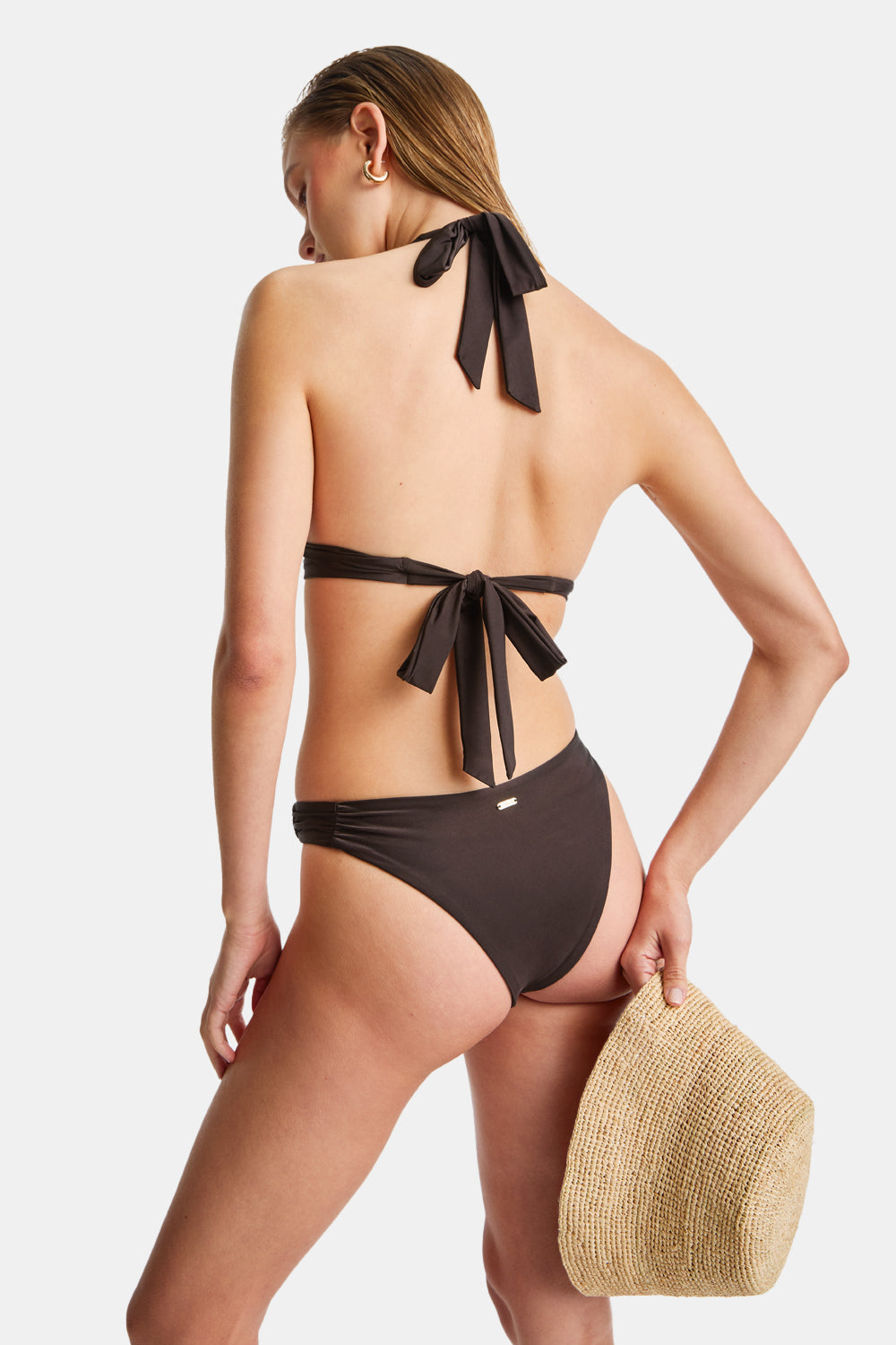 HALTER PLUNGE GOLD RING BIKINI TOP - ESPRESSO