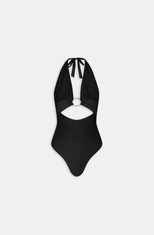 HALTER PLUNGE GOLD RING BIKINI SWIMSUIT - BLACK ONYX