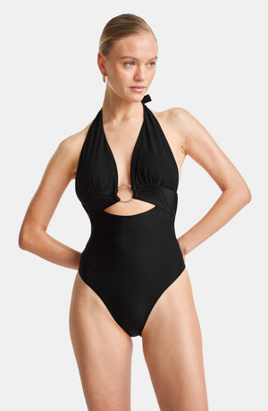 HALTER PLUNGE GOLD RING BIKINI SWIMSUIT - BLACK ONYX