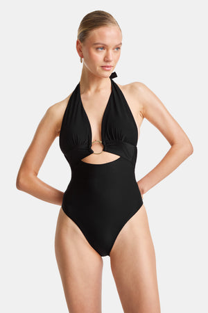 HALTER PLUNGE GOLD RING BIKINI SWIMSUIT - BLACK ONYX