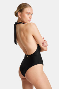 Halter Plunge Gold Ring Bikini Swimsuit - Black Onyx