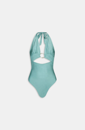 HALTER PLUNGE GOLD RING BIKINI SWIMSUIT - TEAL