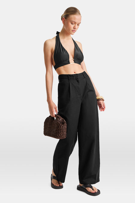 Heavyweight Linen Tailored Wide Leg Trousers - Black Onyx