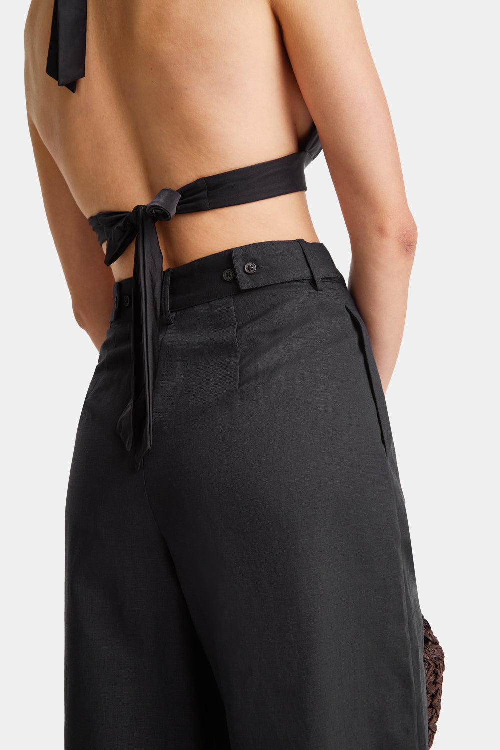 HEAVYWEIGHT LINEN TAILORED WIDE LEG TROUSERS - BLACK ONYX