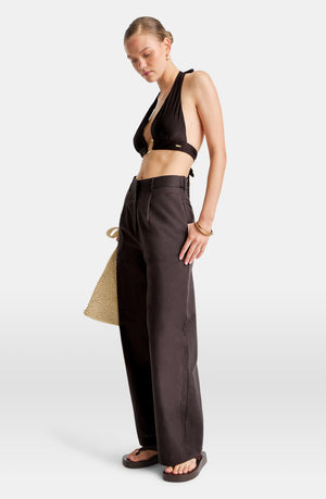 HEAVYWEIGHT LINEN TAILORED WIDE LEG TROUSERS - ESPRESSO