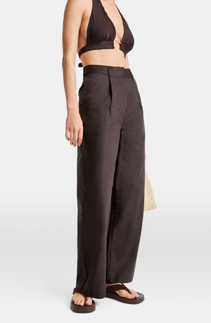HEAVYWEIGHT LINEN TAILORED WIDE LEG TROUSERS - ESPRESSO