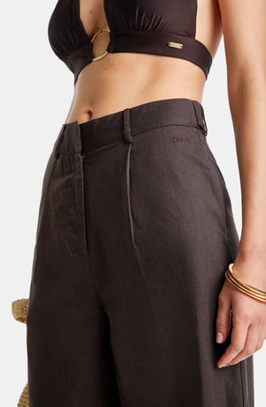 HEAVYWEIGHT LINEN TAILORED WIDE LEG TROUSERS - ESPRESSO