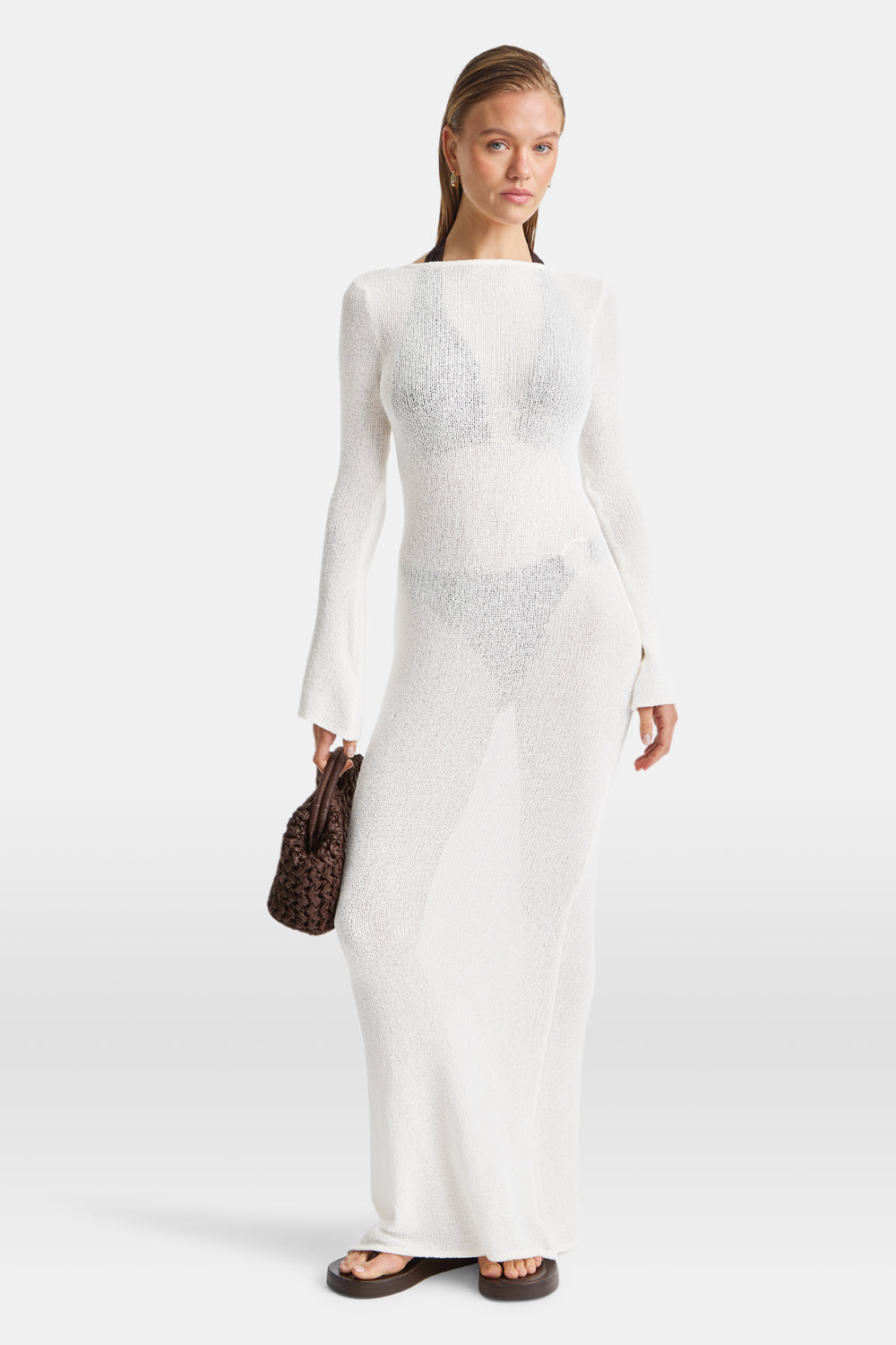 MULTIWAY GOLD RING LONG SLEEVE RESORT KNIT DRESS - COCONUT MILK