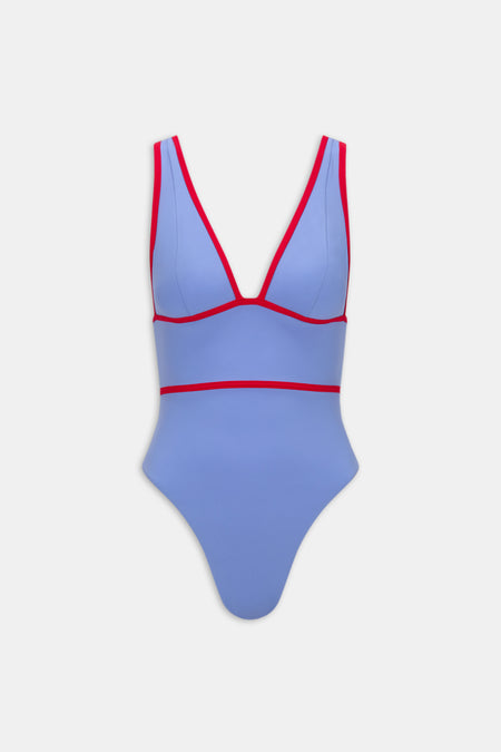 Contrast Plunge Swimsuit - Blue
