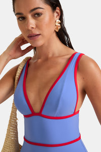 Contrast Plunge Swimsuit - Blue