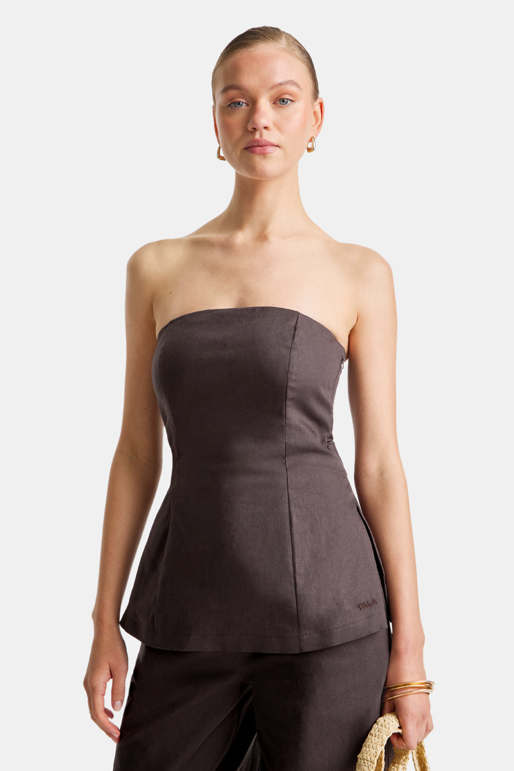 HEAVYWEIGHT LINEN LONGLINE STRAPLESS TOP - ESPRESSO