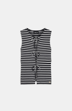 STRIPE KNIT TIE DETAIL TOP - BLACK & WHITE STRIPE