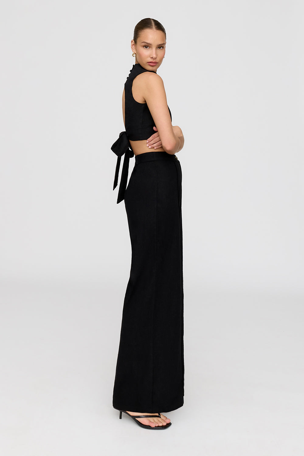 ATHENS LINEN BLEND TAILORED WIDE LEG TROUSERS - SHADOW BLACK