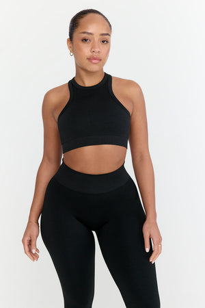 SCULPT SEAMLESS RIBBED RACER SPORTS BRA - BLACK MARL