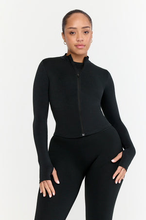 SCULPT SEAMLESS RIBBED ZIP THROUGH JACKET- BLACK MARL