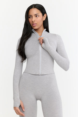 SCULPT SEAMLESS RIBBED ZIP THROUGH JACKET- LIGHT GREY MARL