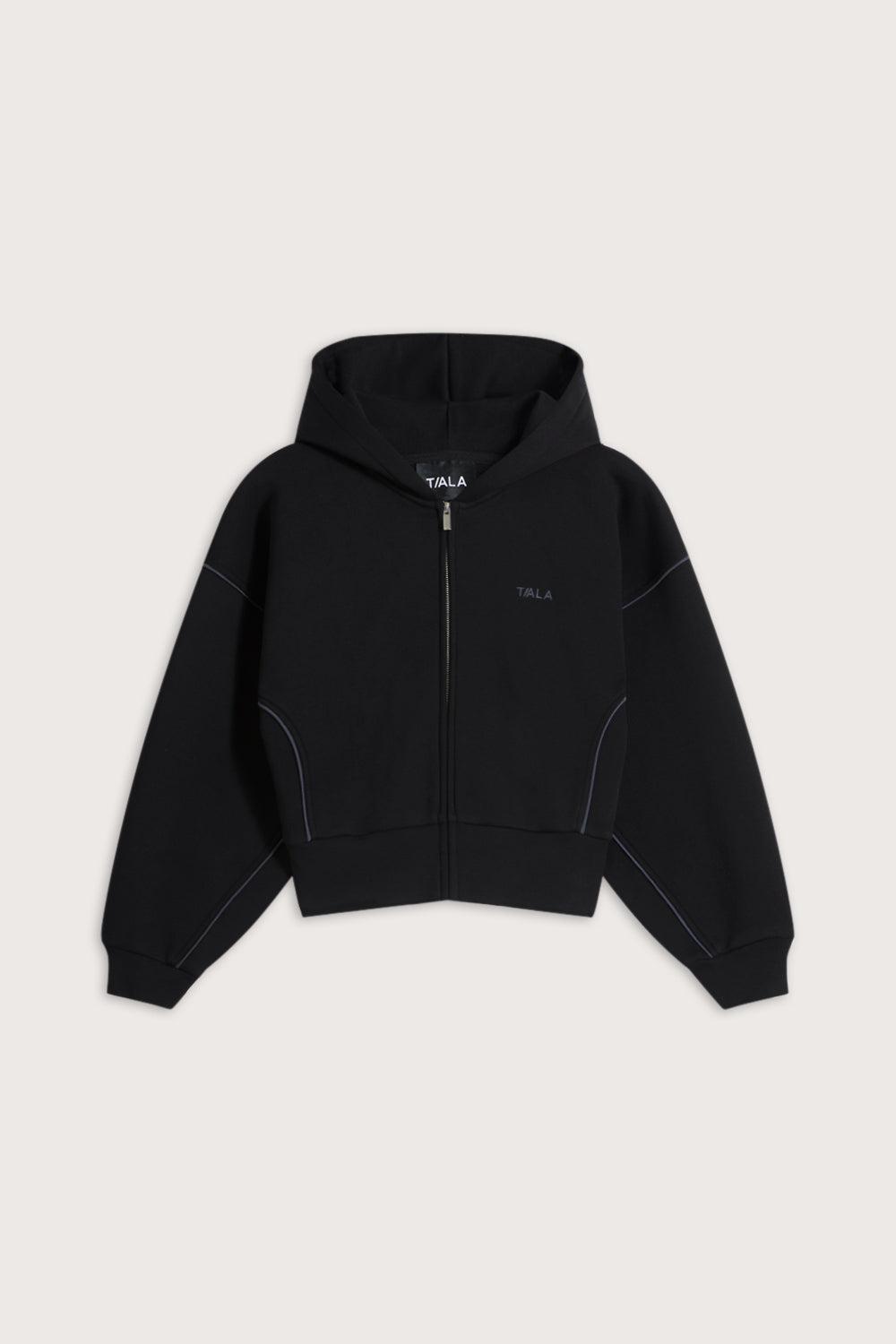 Piped Cocoon Zip Through Hoodie - Black