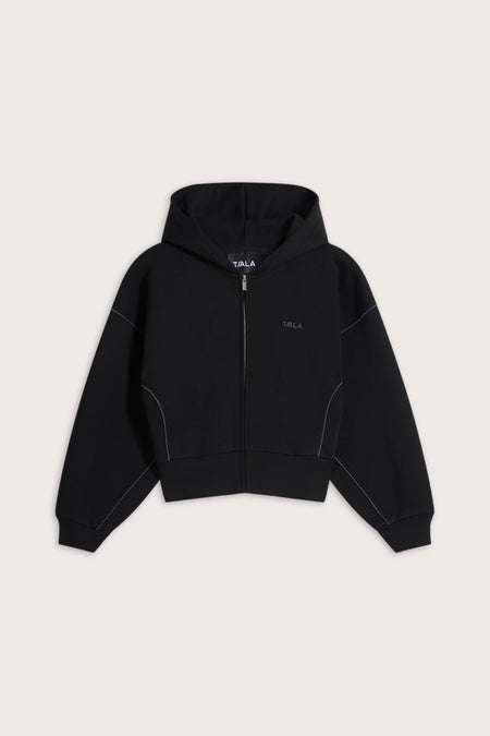 Piped Cocoon Zip Through Hoodie - Black