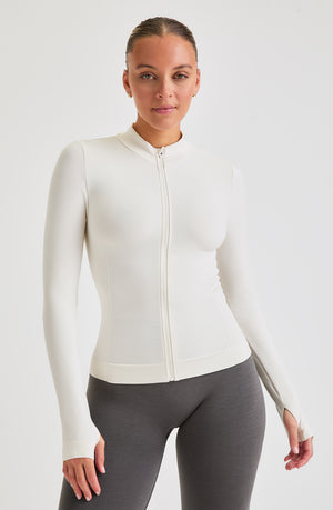 SCULPT SEAMLESS ZIP THROUGH LONGLINE JACKET - MILK MARL