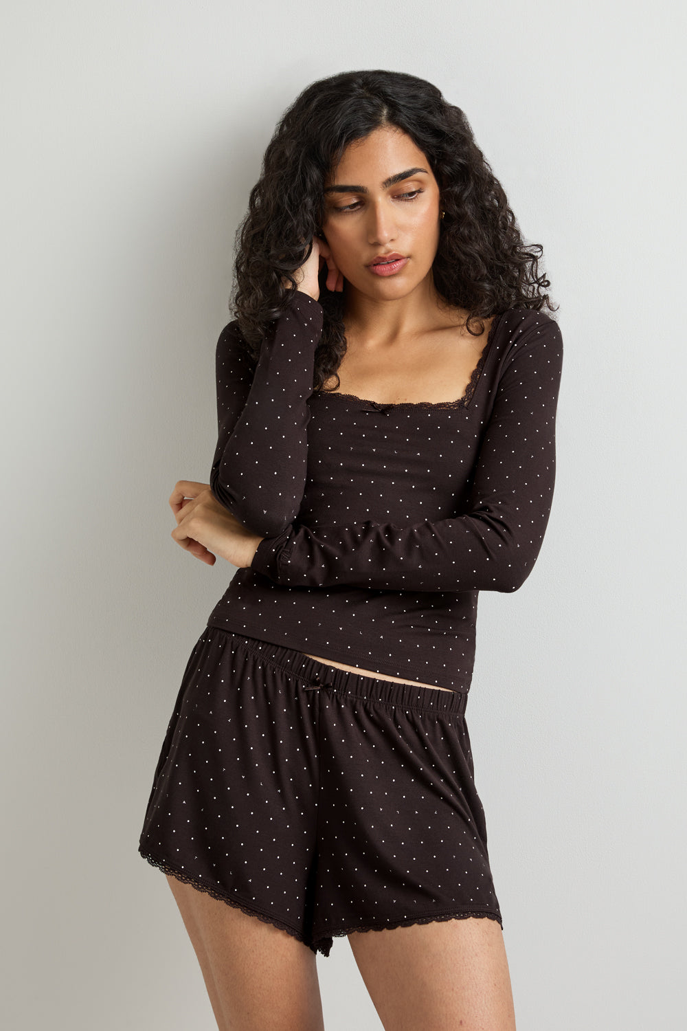 Lace Trim Pyjama Short - Americano Polka Dot