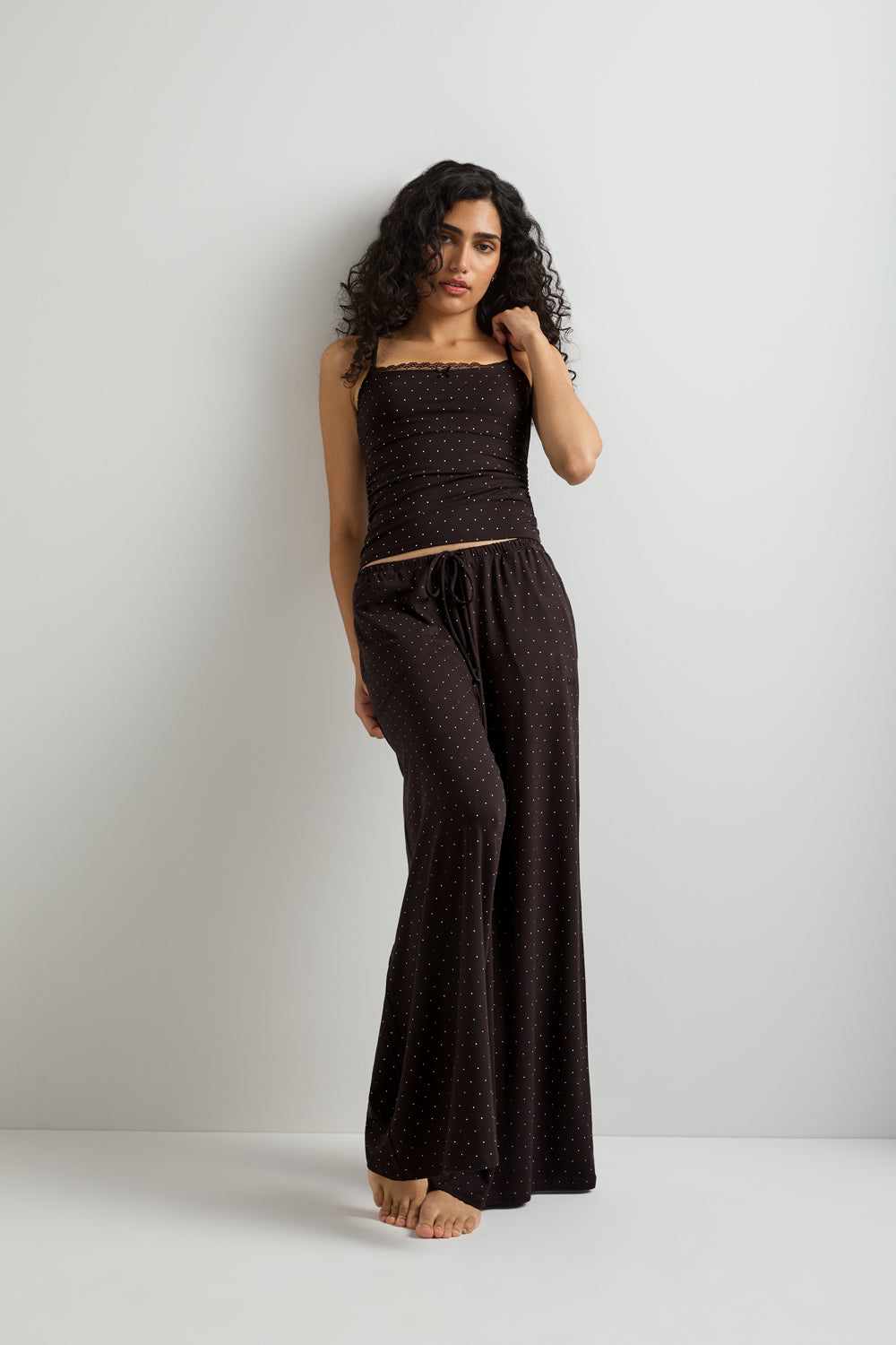 Lace Trim Pyjama Tank - Americano Polka Dot