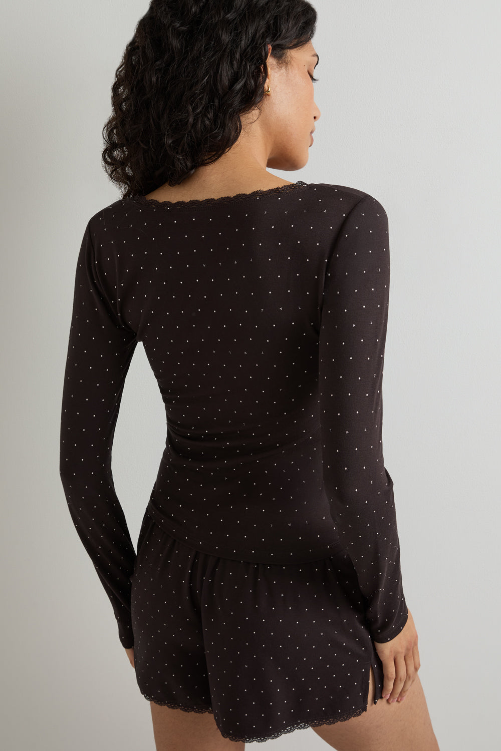 Lace Trim Pyjama Top - Americano Polka Dot