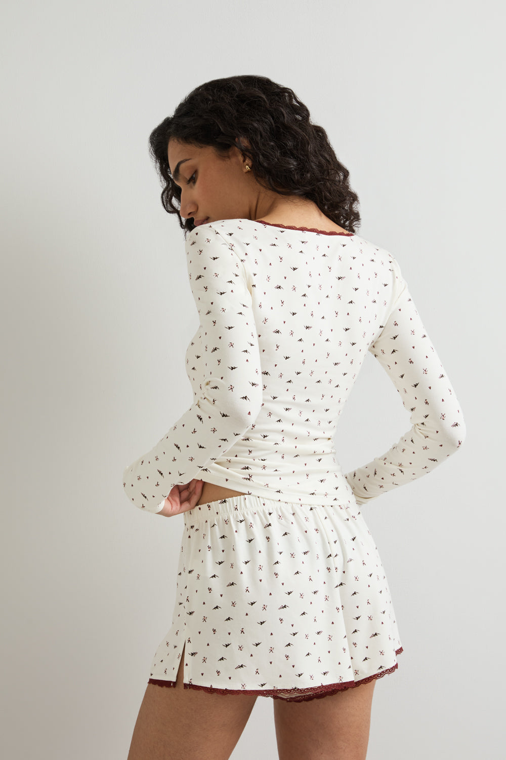 Lace Trim Pyjama Top - Hiking Print