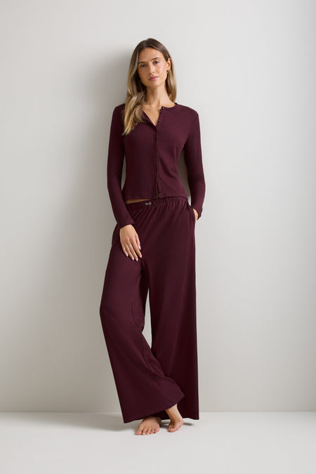Pointelle Button Up Pyjama Cardigan - Burgundy Marl