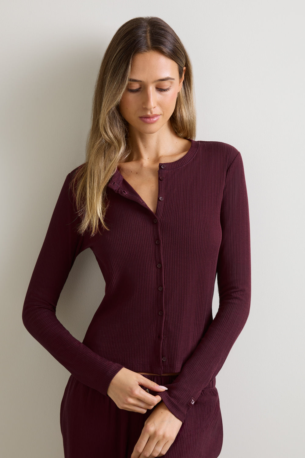Pointelle Button Up Pyjama Cardigan - Burgundy Marl