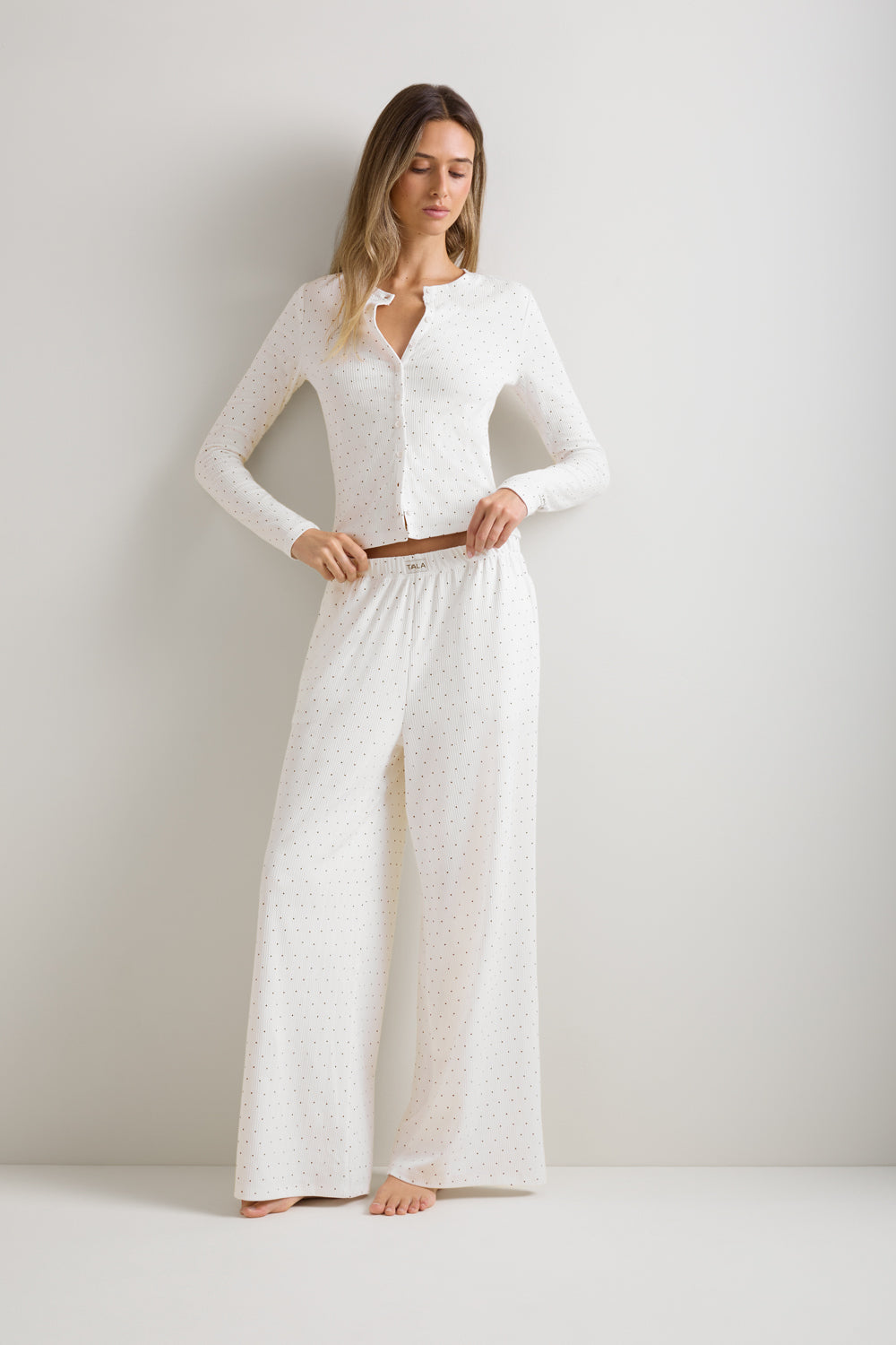 Pointelle Button Up Pyjama Cardigan - Ivory Polka Dot Print