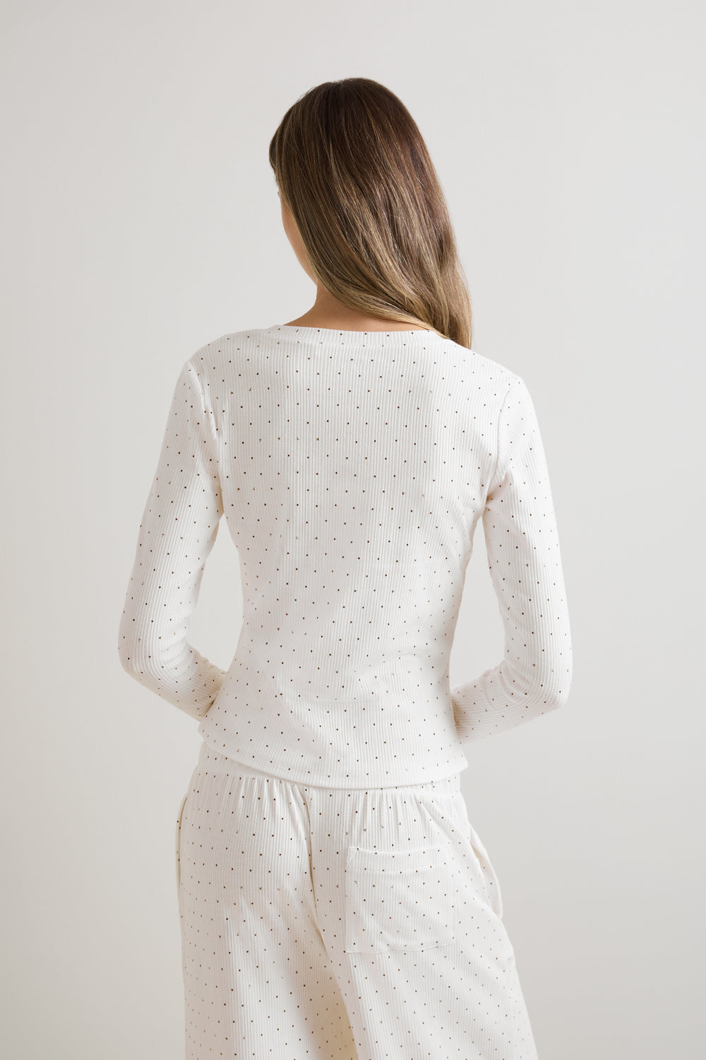 Pointelle Button Up Pyjama Cardigan - Ivory Polka Dot Print