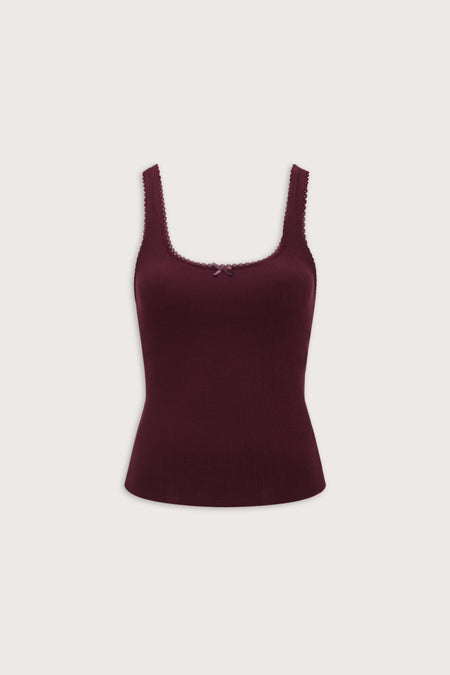 Pointelle Square Neck Pyjama Vest - Burgundy Marl