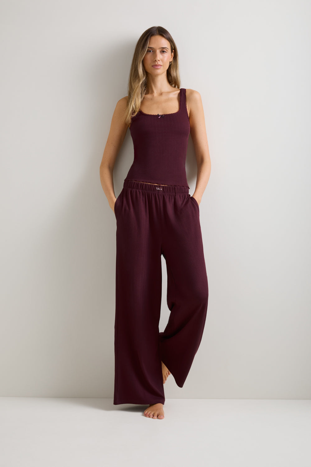 Pointelle Square Neck Pyjama Vest - Burgundy Marl