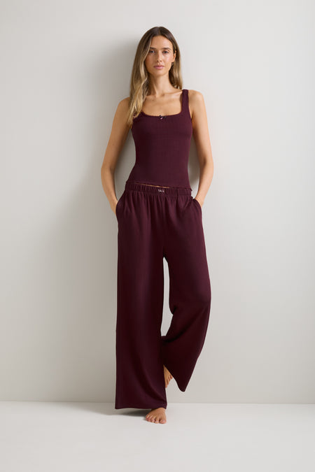 Pointelle Square Neck Pyjama Vest - Burgundy Marl