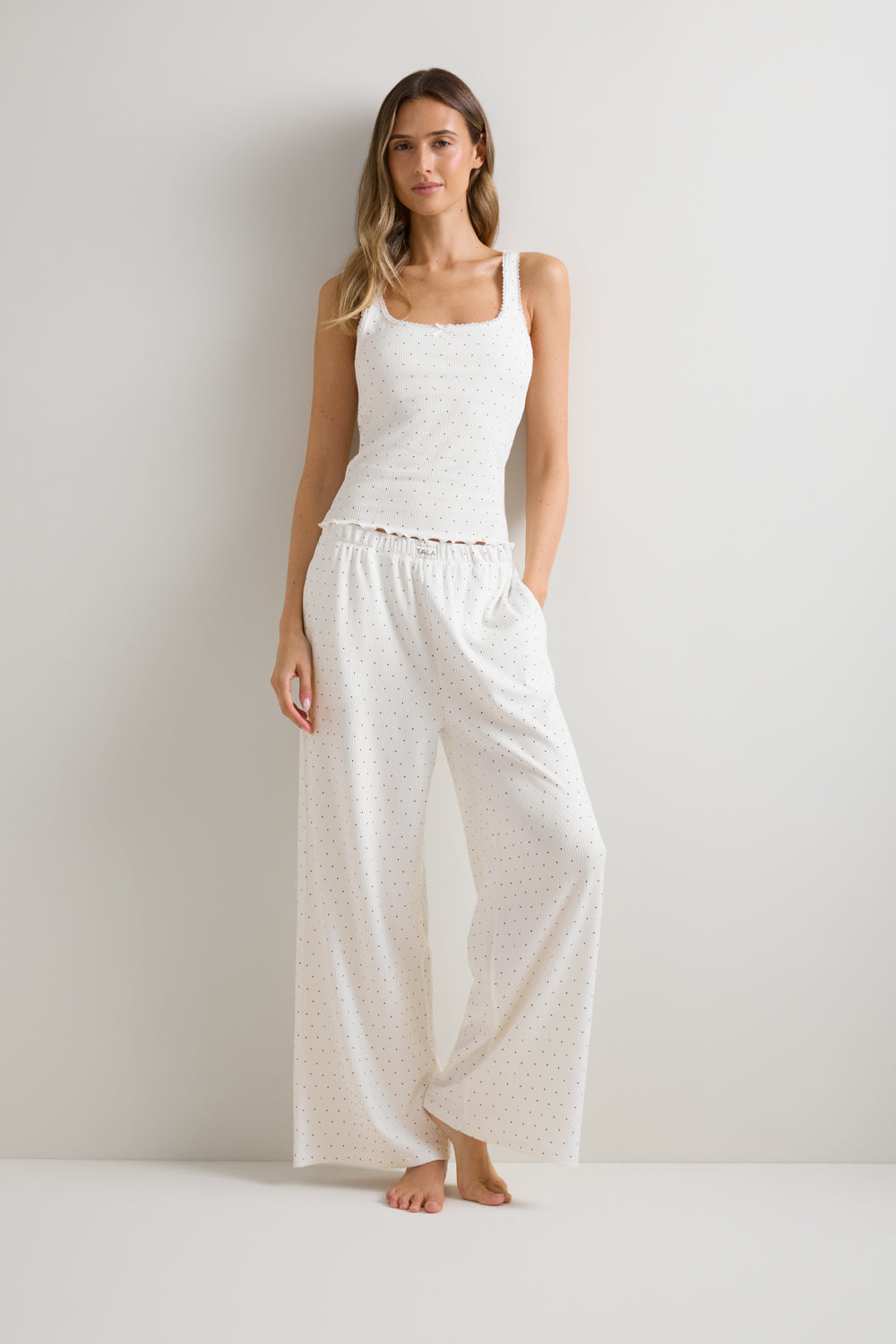 Pointelle Square Neck Pyjama Vest - Ivory Polka Dot Print