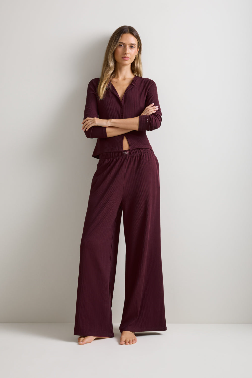 Pointelle Wide Leg Pyjama Bottoms - Burgundy Marl