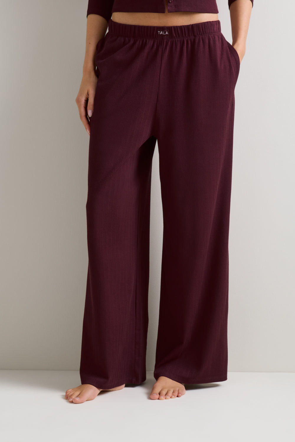 Pointelle Wide Leg Pyjama Bottoms - Burgundy Marl