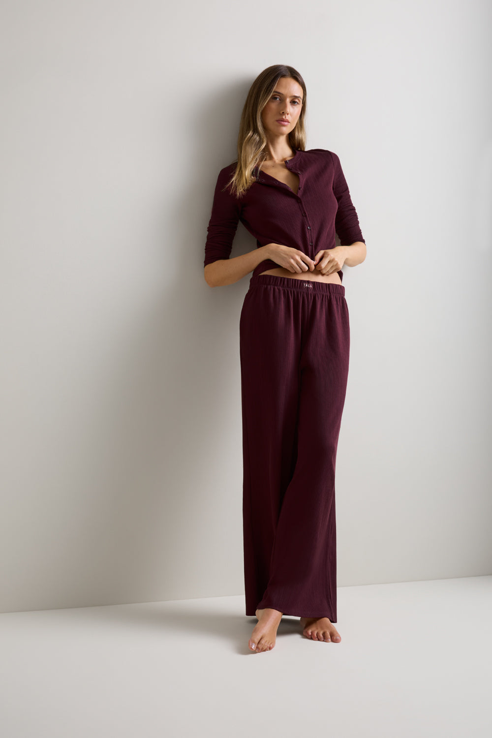 Pointelle Wide Leg Pyjama Bottoms - Burgundy Marl