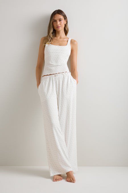 Pointelle Wide Leg Pyjama Bottoms - Ivory Polka Dot Print