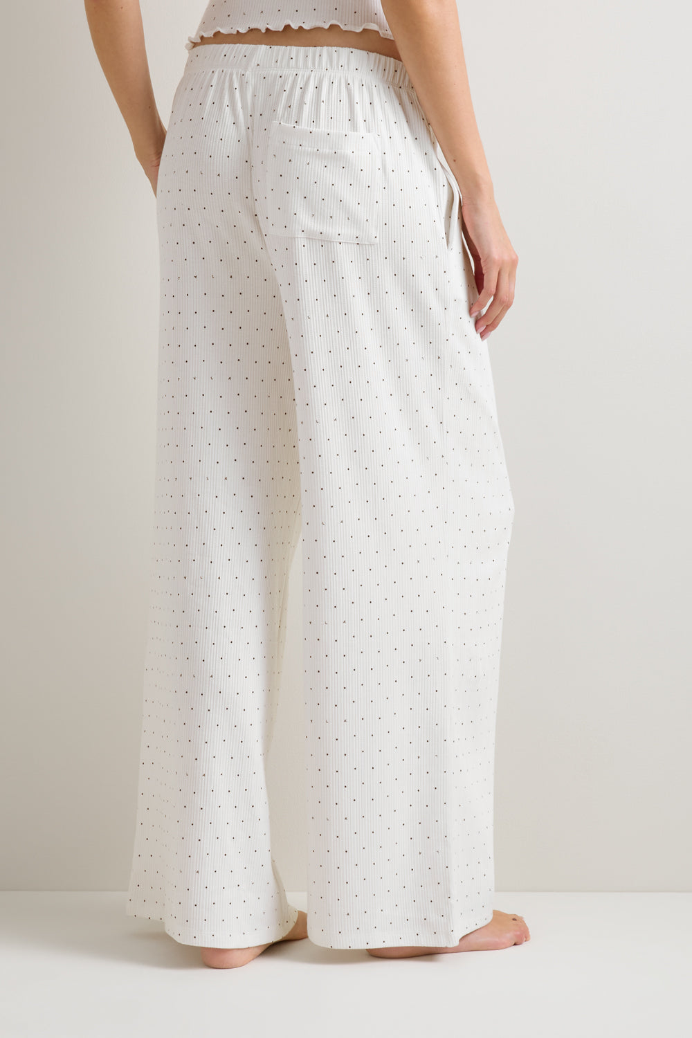 Pointelle Wide Leg Pyjama Bottoms - Ivory Polka Dot Print